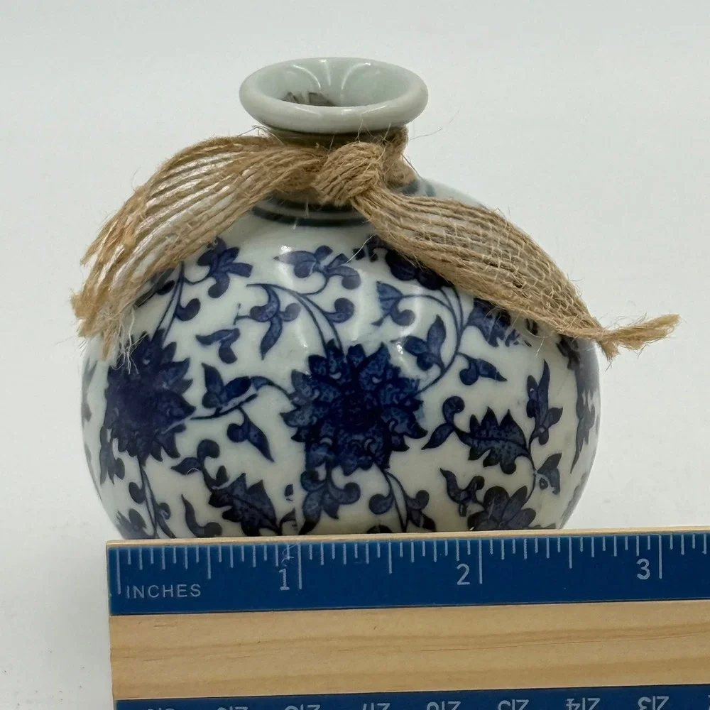 Blue and White Floral Ceramic Bud Vases Set of 2 Mini Round Chinoiserie Decor